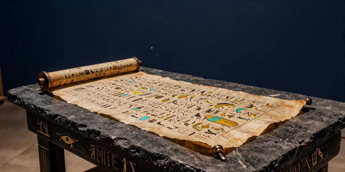 Antiker &auml;gyptischer Papyrus mit goldenen Hieroglyphen auf dunkler Steintafel - Cleobetra Casino FAQ