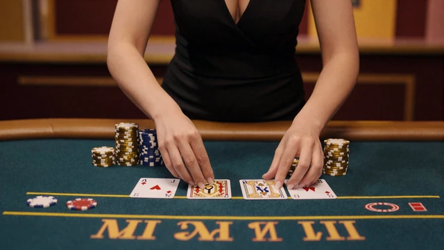 Blackjack Royal Live-Tisch - professionelle Dealerin teilt Karten am goldenen Blackjack-Tisch