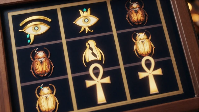 Eye of Horus Slot-Symbole - goldenes Horus-Auge, Skarab&auml;us und Ankh auf dunklem Hintergrund