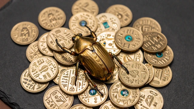 Scarab Fortune Slot - goldener Skarab&auml;us auf M&uuml;nzhaufen mit Hieroglyphen