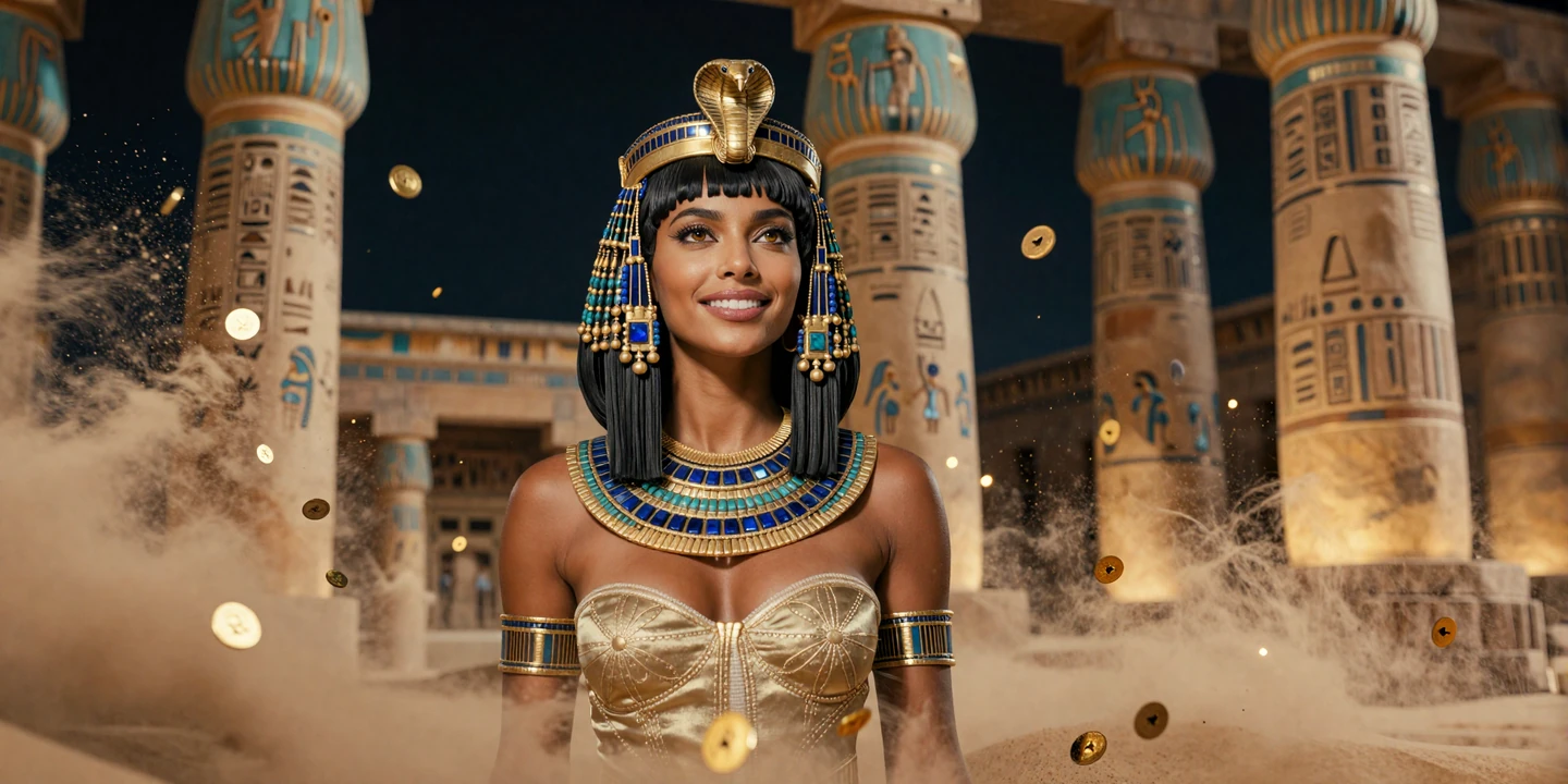 Kleopatra mit goldenem Kopfschmuck umgeben von fallenden Goldm&uuml;nzen und W&uuml;stensand - Cleobetra Casino Bonus