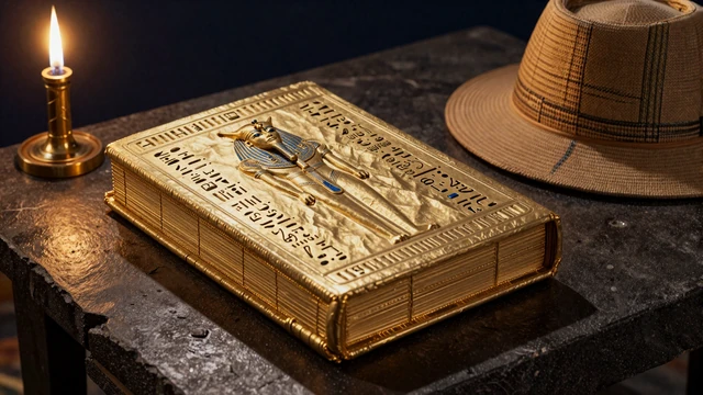 Book of Anubis Slot - goldenes Buch der Geheimnisse mit Entdecker-Symbol auf dunklem Stein