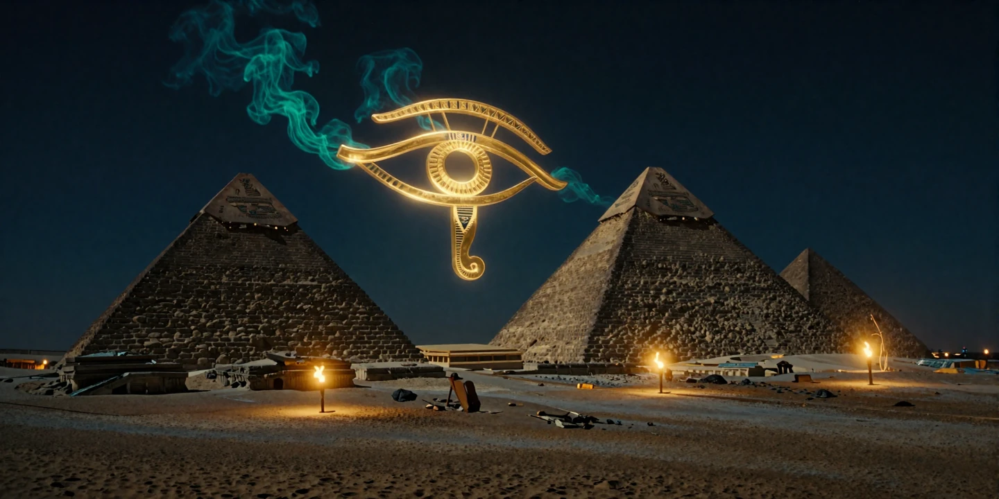 Golden gl&uuml;hendes Oke des Horus &uuml;ber n&auml;chtlichen Pyramiden - Cleobetra Casino Slots