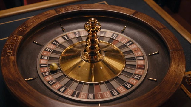 Roulette Sphinx Live-Tisch - drehendes Roulette-Rad mit goldenem Ball in dunkler Luxus-Atmosph&auml;re