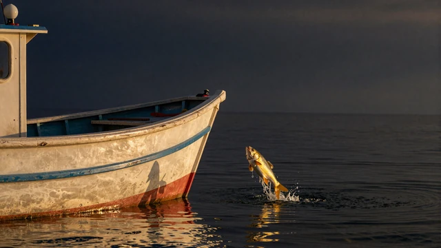 Fishin Frenzy Slot - buntes Fischerboot mit goldenen Fischen bei Sonnenuntergang
