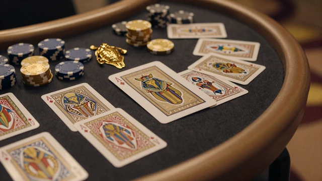Baccarat Pharaoh Live-Tisch - elegante Baccarat-Karten und goldene Chips mit Skarab&auml;us-Motiven